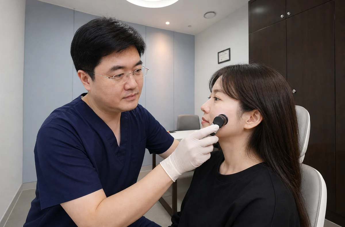 피부 상태를 세밀하게 살피는 진료 장면