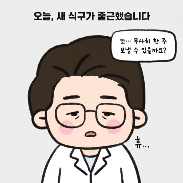 Photo by 점문가/장인이 on June 22, 2026. May be a doodle of pie and text that says '오늘, 오늘, 새식구가출근했습니다 새 식구가 출근했습니다 또··. 무사히 또·..무사히한주 한주 보낼 수 있을까요? G 0O 휴...'.