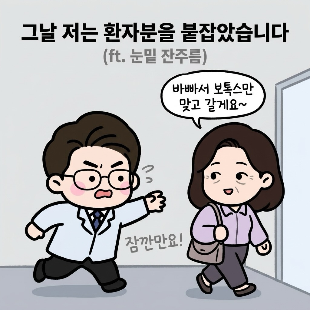 Photo by 점문가/장인이 on June 13, 2026. May be a doodle of text that says '그날 저는 환자분을 붙잡았습니다 (ft. 눈밑 잔주름) 바빠서 보톡스만 맞고 갈게요~ 잠깐만요!'.