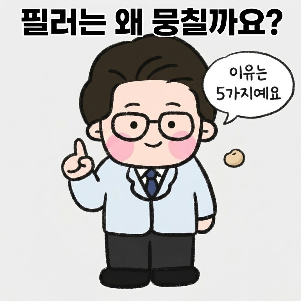 Photo by 점문가/장인이 on June 13, 2026. May be a cartoon of ‎pie and ‎text that says '‎필러는 왜 뭉칠까요? 이유는 5가지예요 ه OOD ل‎'‎‎.