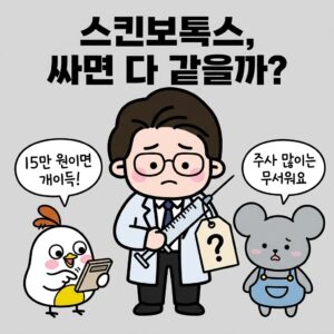Photo by 점문가/장인이 on June 14, 2026. May be a doodle of pie and text that says '스킨보톡스, 싸면 다 같을까? 15만 원이면 개이득! 주사 많이는 무서워요 বানলনর राর'.