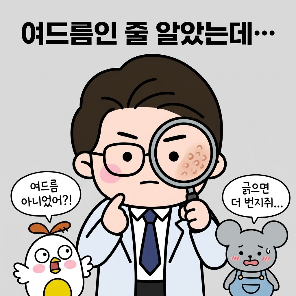 Photo by 점문가/장인이 on June 16, 2026. May be a doodle of pie and text that says '여드름인 줄 알았는데... 여드름 아니었어?! 긁으면 더 번지쥐...'.