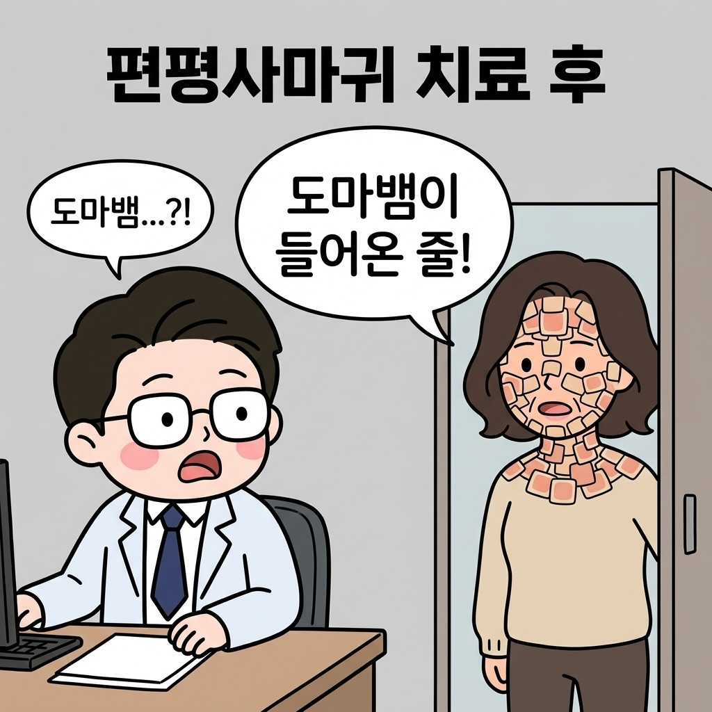Photo by 점문가/장인이 on June 16, 2026. May be a doodle of text that says '편평사마귀 귀치료 치료 도마뱀...?! ...?! 도마뱀이 들어온 줄! BD'.