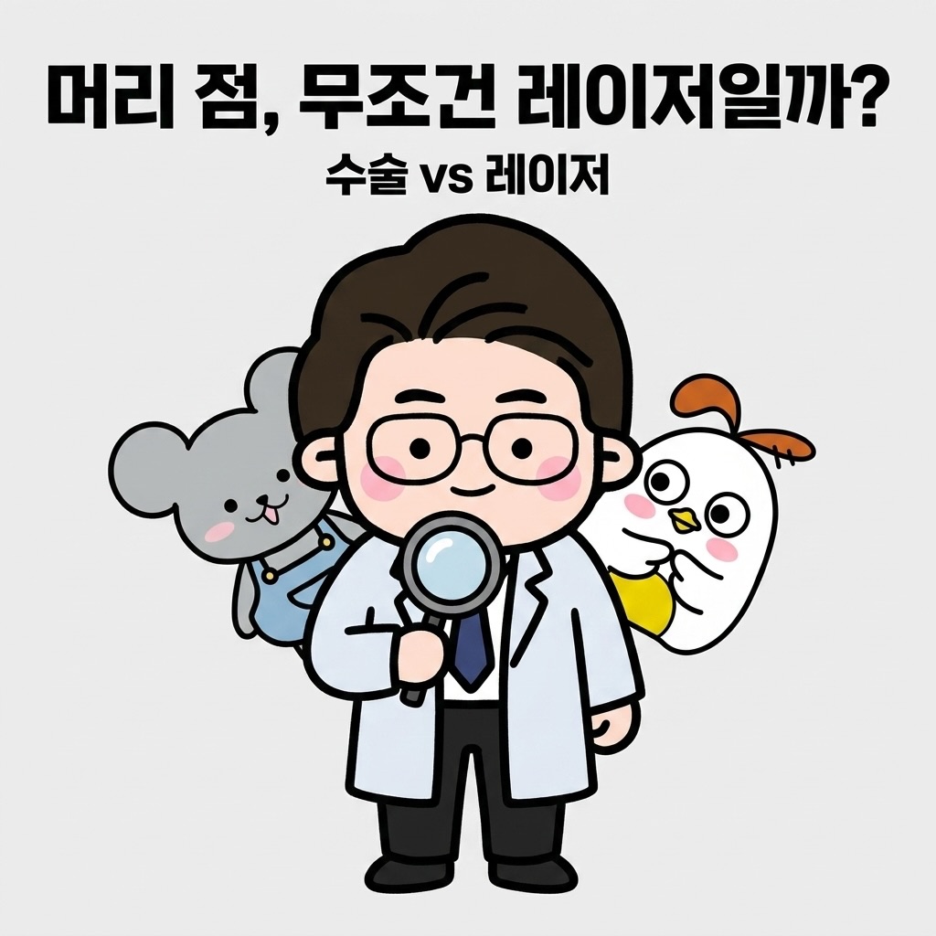 Photo by 점문가/장인이 on June 17, 2026. May be a doodle of text that says '머리 점, 무조건 레이저일까? 수술 수술V레이저 vs 레이저 C ഗழ്ுരഗ்ട ÔÔ'.