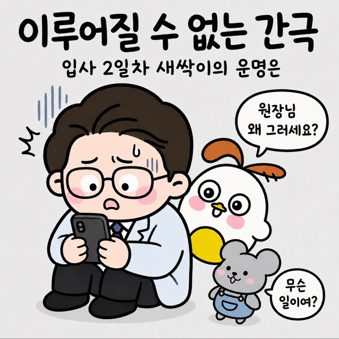 Photo by 점문가/장인이 on June 25, 2026. May be a doodle of ‎text that says '‎이루어질 수 없는 간극 입사 2일차 새싹이의 운명은 心 ד 원장님 왜 그러세요? 무슨 일이여?‎'‎.