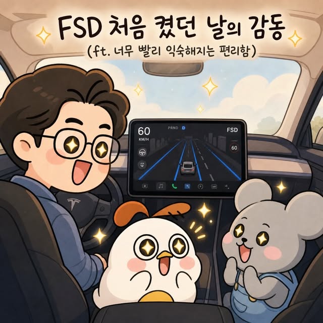 Photo by 점문가/장인이 on June 25, 2026. May be a doodle of text that says 'FSD처음 FSD 처음 켰던 날의 감동 (ft. 너무 빨리 익숙해지는 편리함) 60 KM/H FSD 60'.