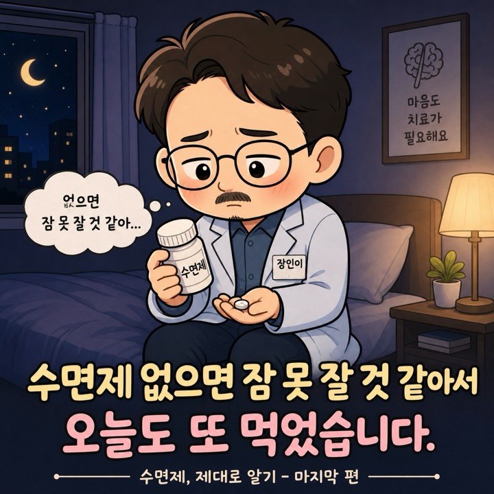 Photo by 점문가/장인이 on June 30, 2026. May be an illustration of text that says '마음도 치료가 일요해요 없으면 잠못잘 잠못잘것같아.. 못 잘 것 같아... 수면제 장인이 수면제 없으면 잠 못 잘 것 같아서 오늘도 또 먹었습니다. 수면제 제대로 알기 마지막 편'.
