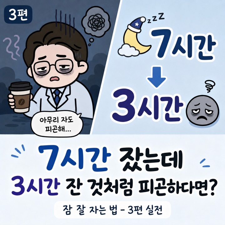 Photo by 점문가/장인이 on June 29, 2026. May be an image of text that says '3편 క్కై zzZ 7시간 3시간 아무리 자도 피곤해... 7시간 잤는데 3시간 잔 것처럼 피곤하다면? 잠 잘 자는 법 -3편 실전'.