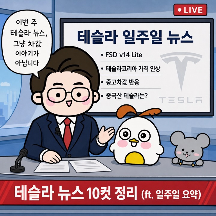 Photo by 점문가/장인이 on July 01, 2026. May be a cartoon of text that says '이번 주 테슬라 뉴스, 그냥 그냥차값 차값 이야기가 아닙니다 LIVE 테슬라 일주일 뉴스 •FSD v14 Lite 테슬라코리아 가격 인상 중고차값 반응 중국산 테슬라는? TESLA 테슬라 뉴스 10컷 정리 (ft. 일주일 요약)'.