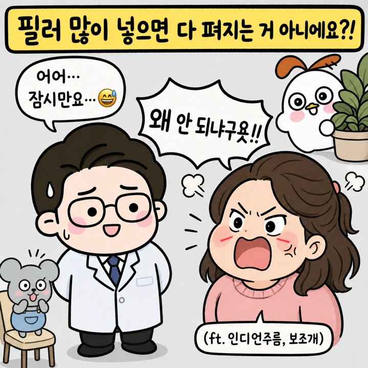 Photo by 점문가/장인이 on July 01, 2026. May be a doodle of text that says '필러 많이 넣으면 다 펴지는 거 아니에요?! 어어... 잠시만요... 왜 안 되냐구옷!! ేర్యప్సై 一のノご (ft.인디언주름,보조개) (ft. 인디언주름, 보조개)'.