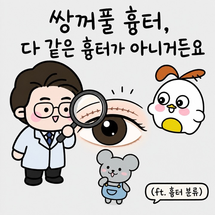 Photo by 점문가/장인이 on July 02, 2026. May be a doodle of ‎eyeglasses and ‎text that says '‎쌍꺼풀 흉터, 다 같은 흉터가 아니거든요 Ô د +HA (ft.흉터분류) (ft. 흉터 분류)‎'‎‎.