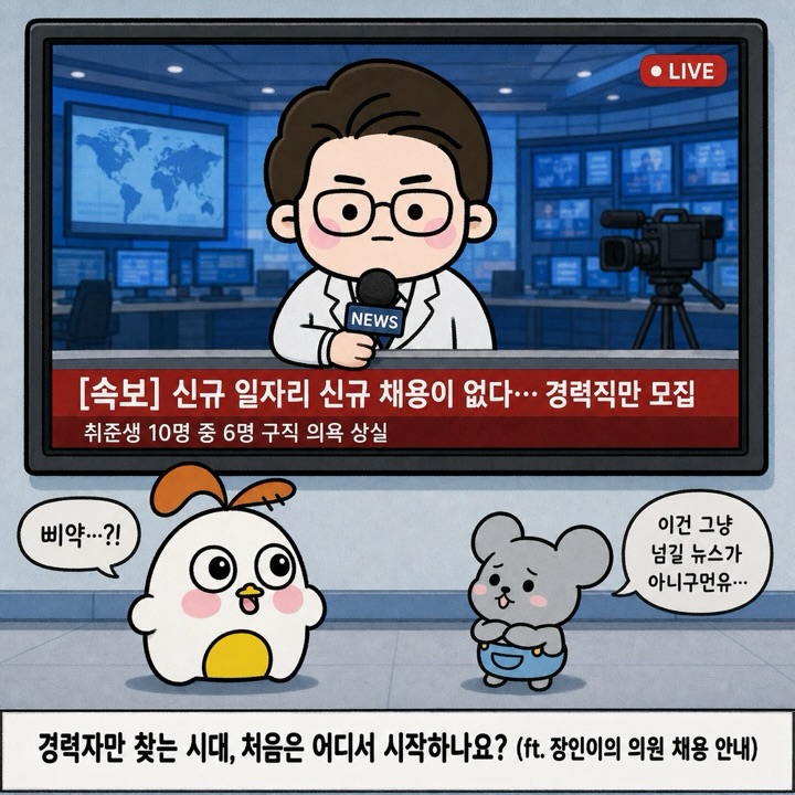 Photo by 점문가/장인이 on July 01, 2026. May be a doodle of text that says 'LIVE LIVE OO NEWS [속보] 신규 일자리 신규 채용이 없다... 경력직만 모집 취준생 10명 중 6명 구직 의욕 상실 삐약...?! 이건 그냥 넘길 뉴스가 아니구먼유•·. 경력자만 찾는 시대, 처음은 어디서 시작하나요? (ft. 장인이의 의원 채용 안내)'.