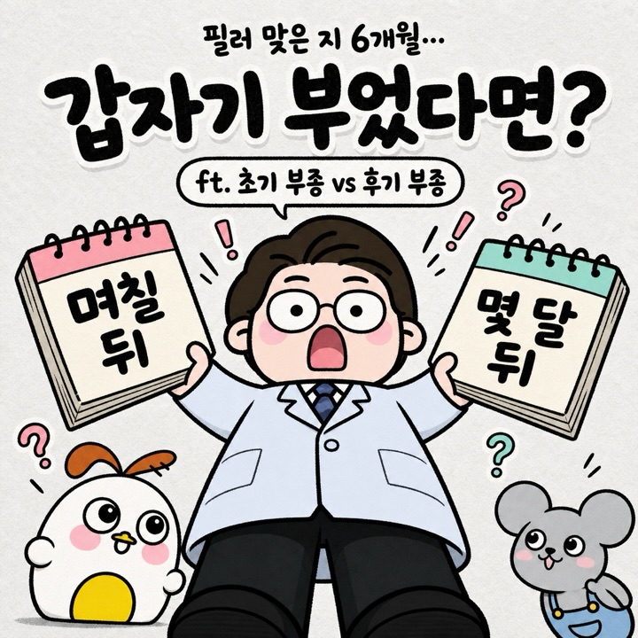 Photo by 점문가/장인이 on July 03, 2026. May be a doodle of text that says '필러 맞은 지 6개월... 갑자기 부었다면? t.초기부종V.후기부증 후기 ft. 초기 부종 vs ? 며칠 뒤 몇달 몇 뒤 ? ?'.