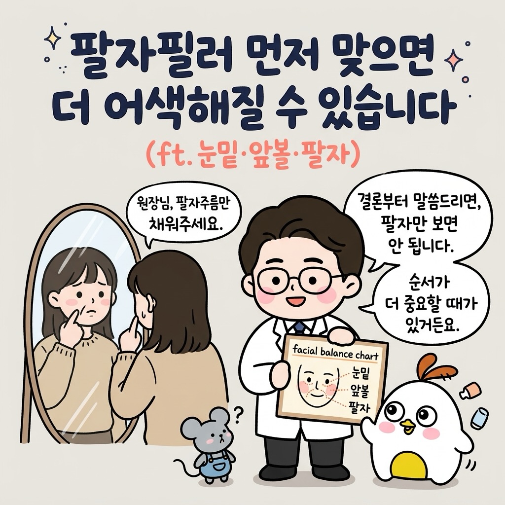 Photo by 점문가/장인이 on July 05, 2026. May be a doodle of pie and text that says '팔자필러 먼저 맞으면 더 어색해질 수 있습니다 (ft.눈밑•앞볼·팔자) 앞볼 팔자) (ft. 눈밑 원장님, 팔자주름만 결론부터 말씀드리면, 채워주세요. 팔자만 보면 안 됩니다. 순서가 더 중요할 때가 있거든요. facial balance facialbalancechart chart 눈밑 앞볼 팔자'.