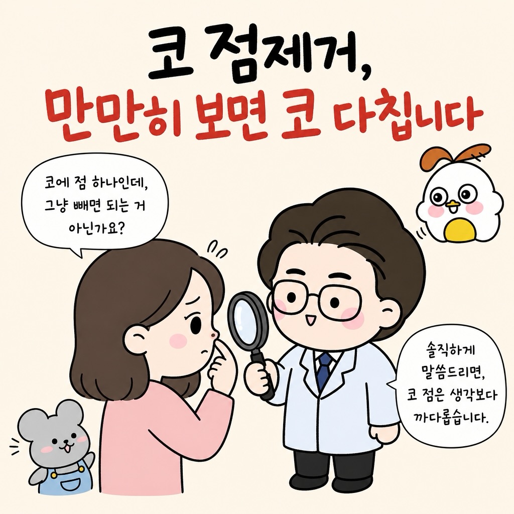 Photo by 점문가/장인이 on July 04, 2026. May be a doodle of pie and text that says '코점제거, 코 만만히보면코다칩니다 다칩니다 만만히 보면 코 코에 점 하나인데, 그냥 빼면 되는 거 아닌가요? ဂဂ 솔직하게 말씀드리면, 코점은생각보다 코 점은 생각보다 까다롭습니다.'.