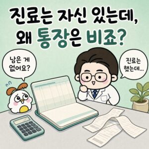 Photo by 장똑닥 on July 24, 2026. May be an illustration of text that says '진료는 자신 있는데, 왜 통장은 비죠? 남은 게 없어요? 진료는 했는데... C조 nOA AAI FIIGE'.