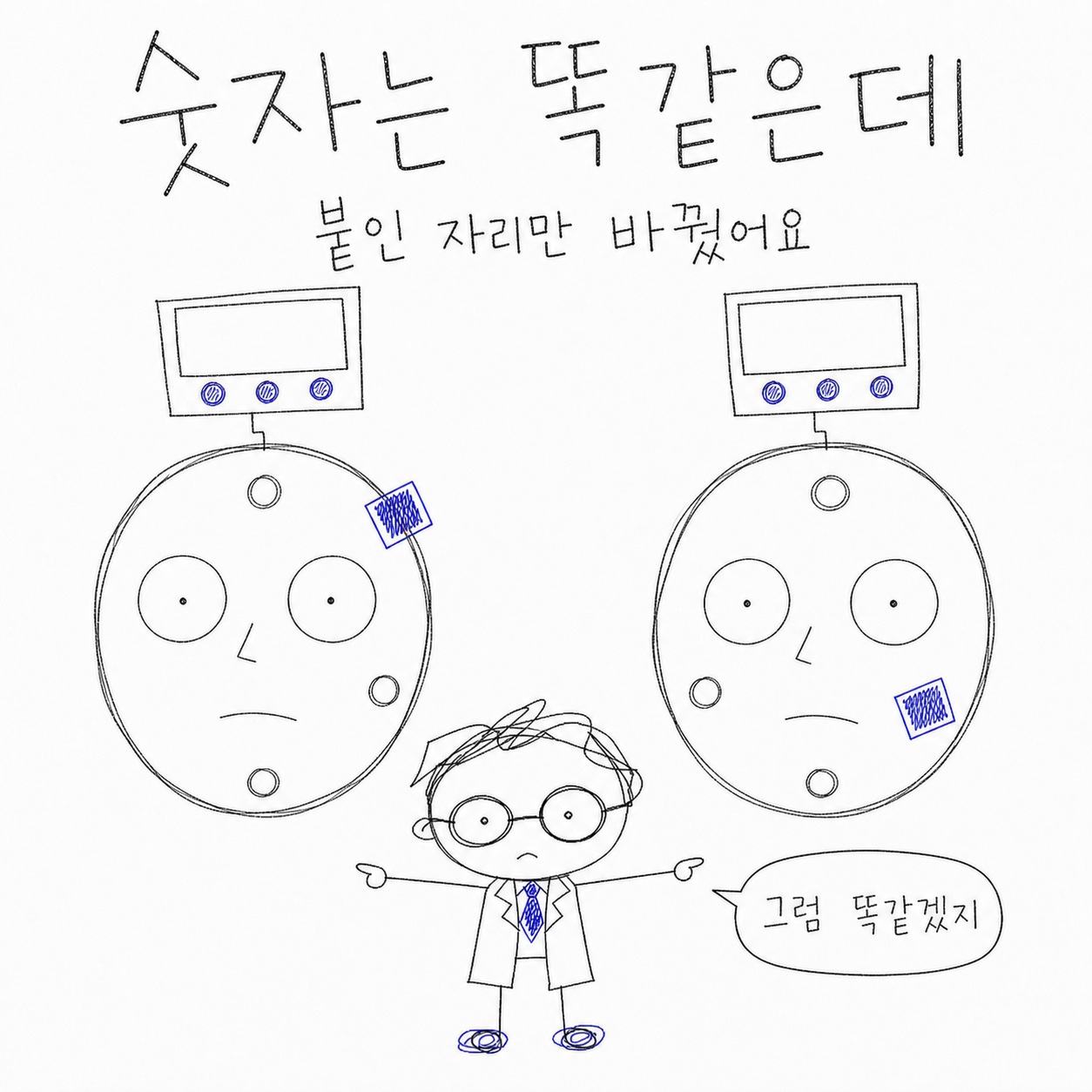 숫자는 똑같은데 붙인 자리만 바꿨어요. 그럼 똑같겠지.