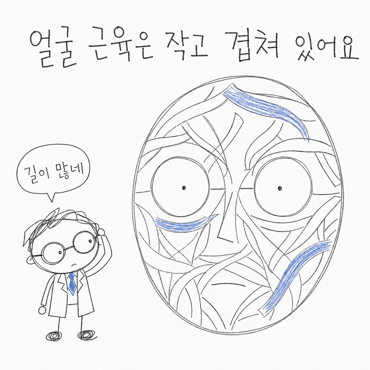 얼굴 근육은 작고 겹쳐 있어요. 길이 많네.