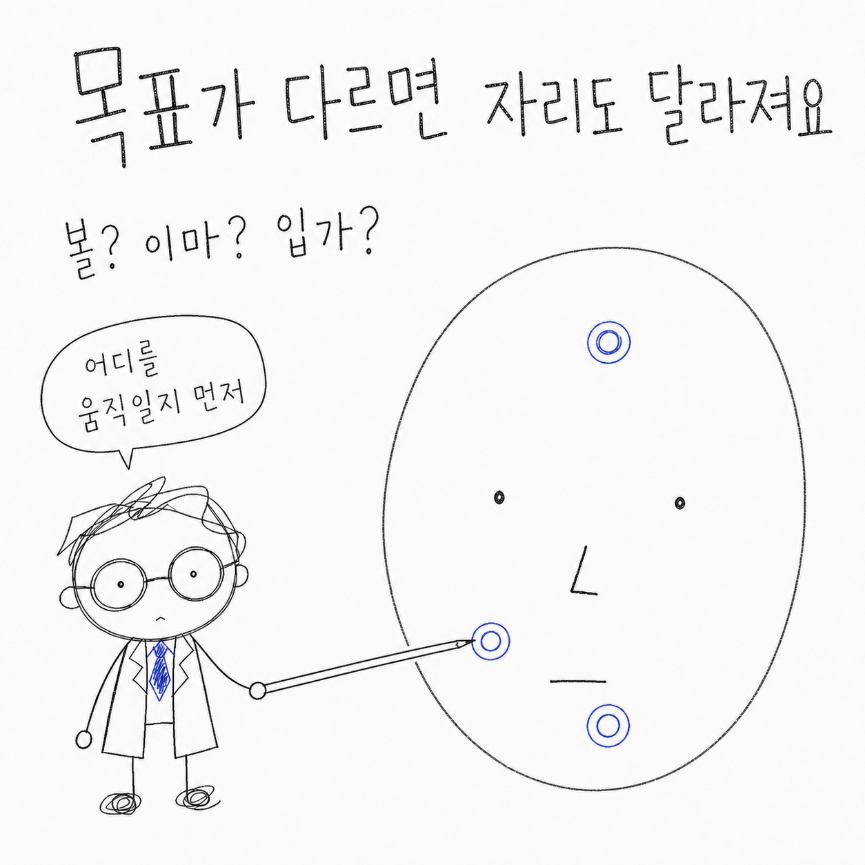 목표가 다르면 자리도 달라져요. 볼? 이마? 입가? 어디를 움직일지 먼저.