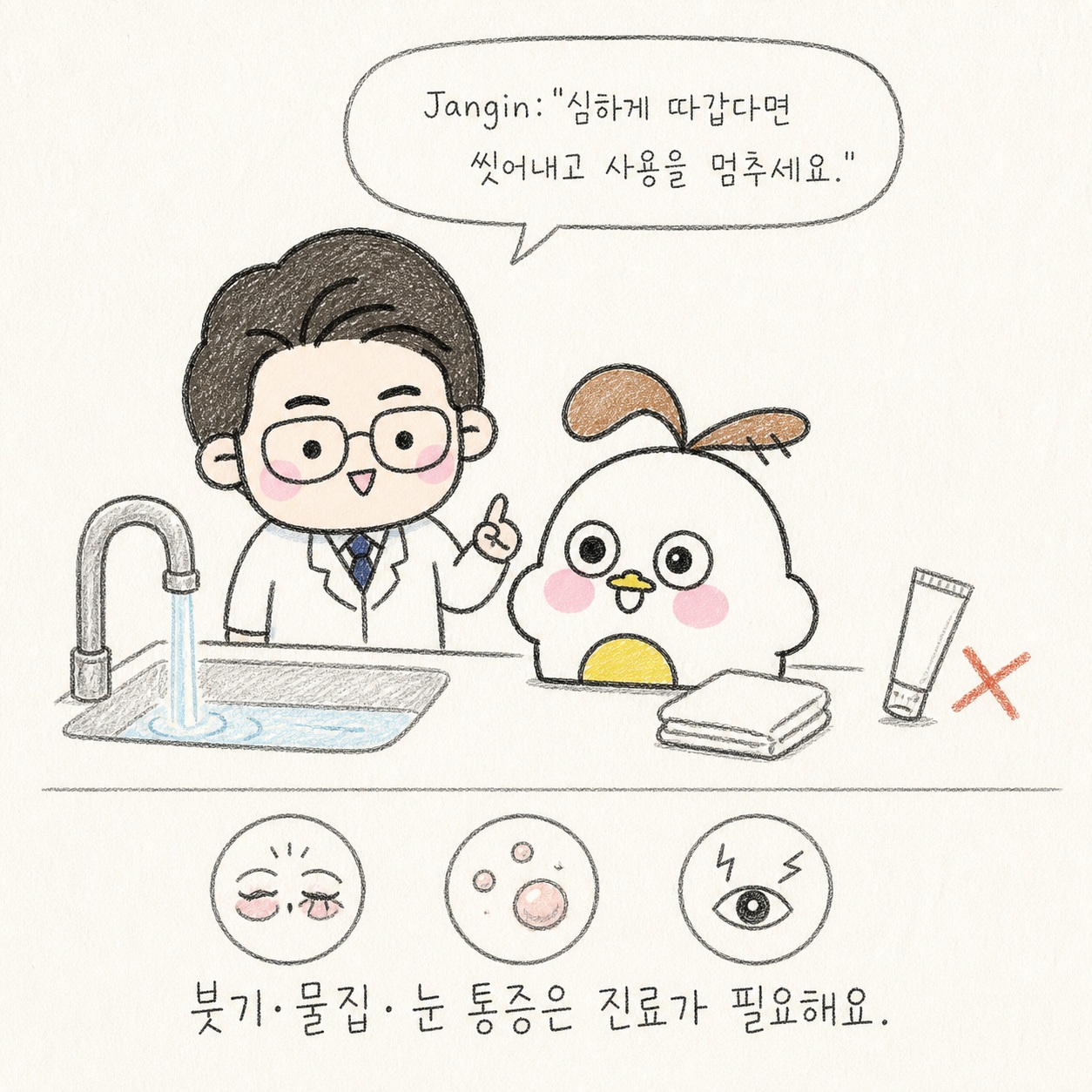 심하게 따갑다면 씻어내고 사용을 멈추세요. 붓기·물집·눈 통증은 진료가 필요해요.