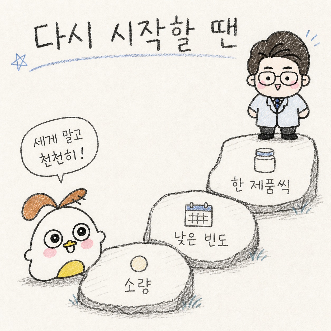 다시 시작할 땐. 세게 말고 천천히! 소량, 낮은 빈도, 한 제품씩.