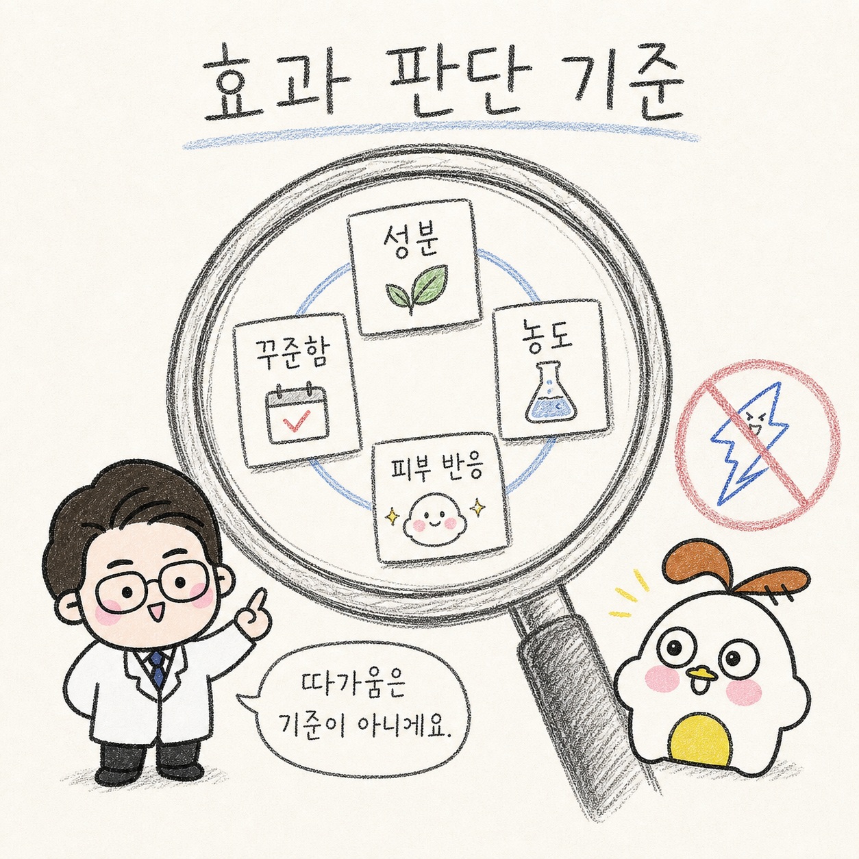 효과 판단 기준. 성분, 농도, 꾸준함, 피부 반응. 따가움은 기준이 아니에요.