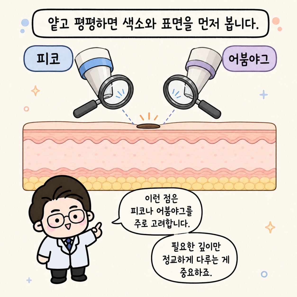 얕고 평평하면 색소와 표면을 먼저 봅니다. 피코, 어븀야그. 이런 점은 피코나 어븀야그를 주로 고려합니다. 필요한 깊이만 정교하게 다루는 게 중요하죠.