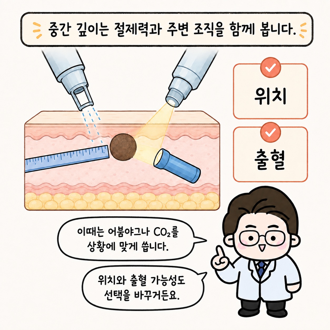 중간 깊이는 절제력과 주변 조직을 함께 봅니다. 위치, 출혈. 이때는 어븀야그나 CO₂를 상황에 맞게 씁니다. 위치와 출혈 가능성도 선택을 바꾸거든요.