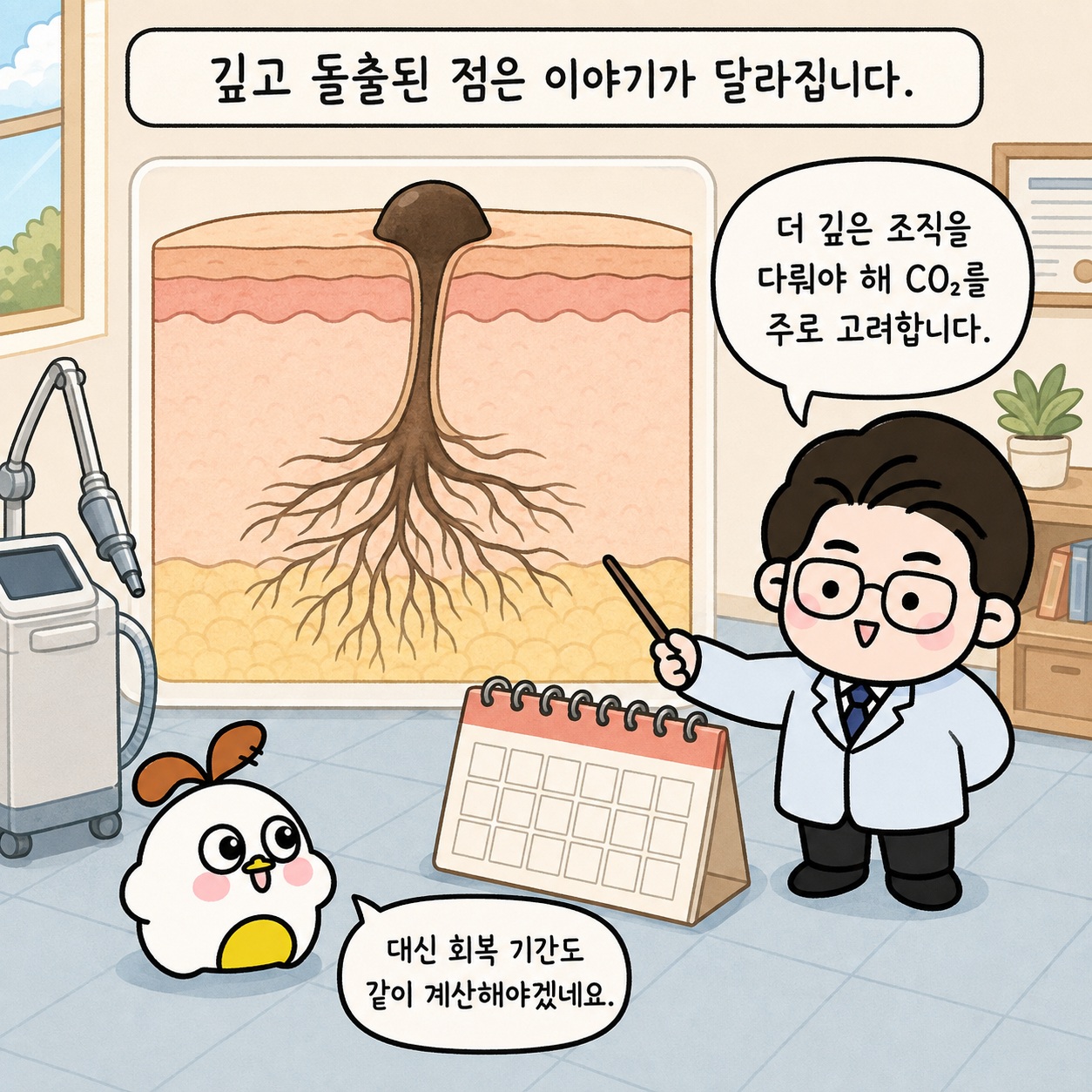 깊고 돌출된 점은 이야기가 달라집니다. 더 깊은 조직을 다뤄야 해 CO₂를 주로 고려합니다. 대신 회복 기간도 같이 계산해야겠네요.
