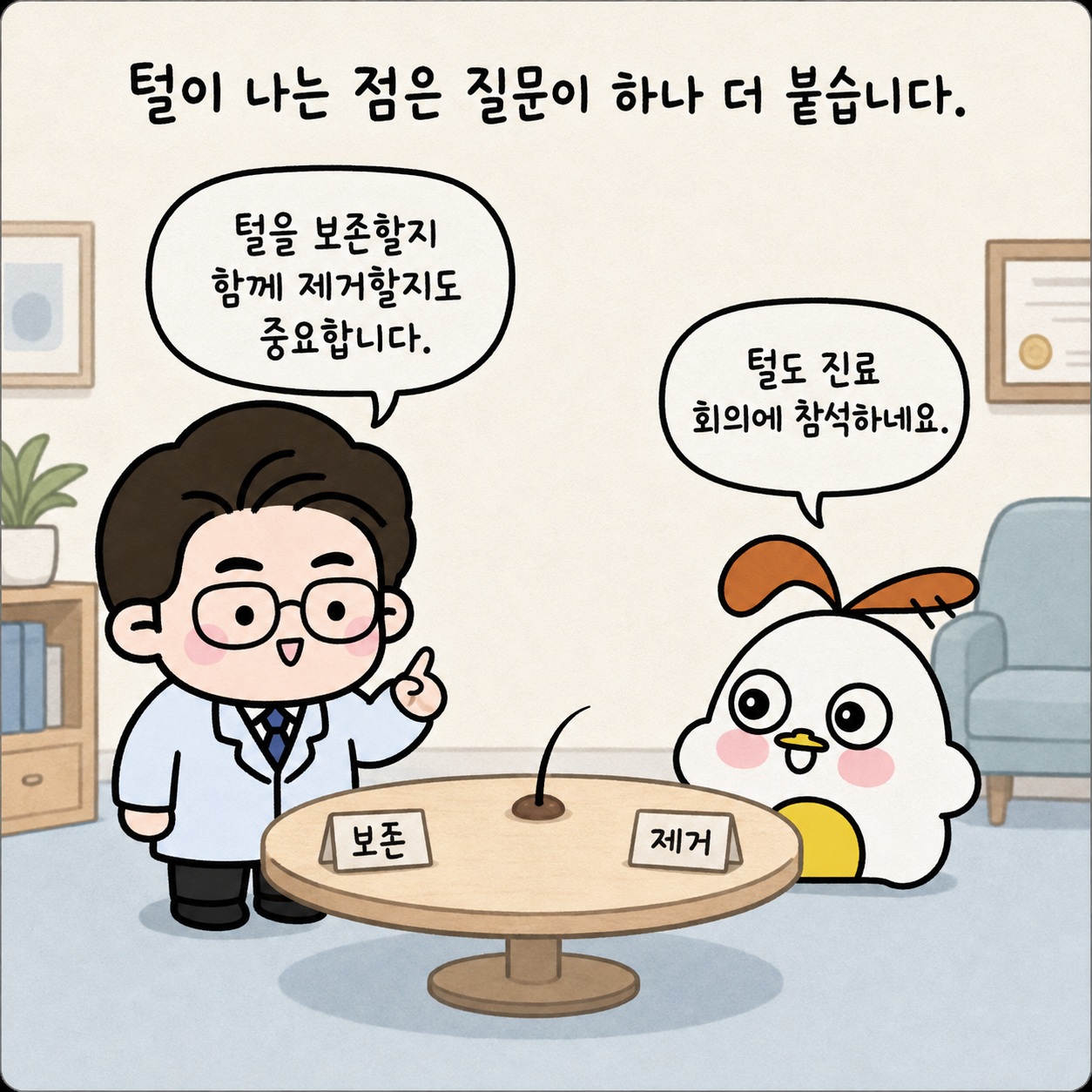 털이 나는 점은 질문이 하나 더 붙습니다. 털을 보존할지 함께 계획할지도 중요합니다. 털도 진료 회의에 참석하네요. 보존, 제거.