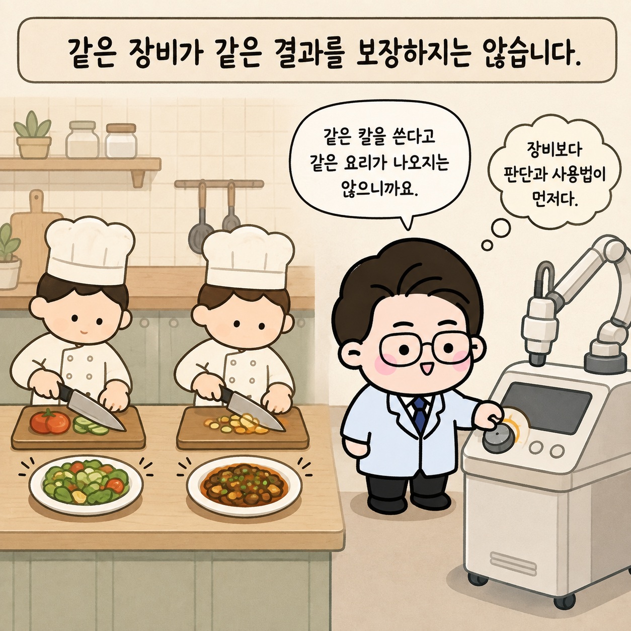 같은 장비가 같은 결과를 보장하지는 않습니다. 같은 칼을 쓴다고 같은 요리가 나오지는 않으니까요. 장비보다 판단과 사용법이 먼저다.