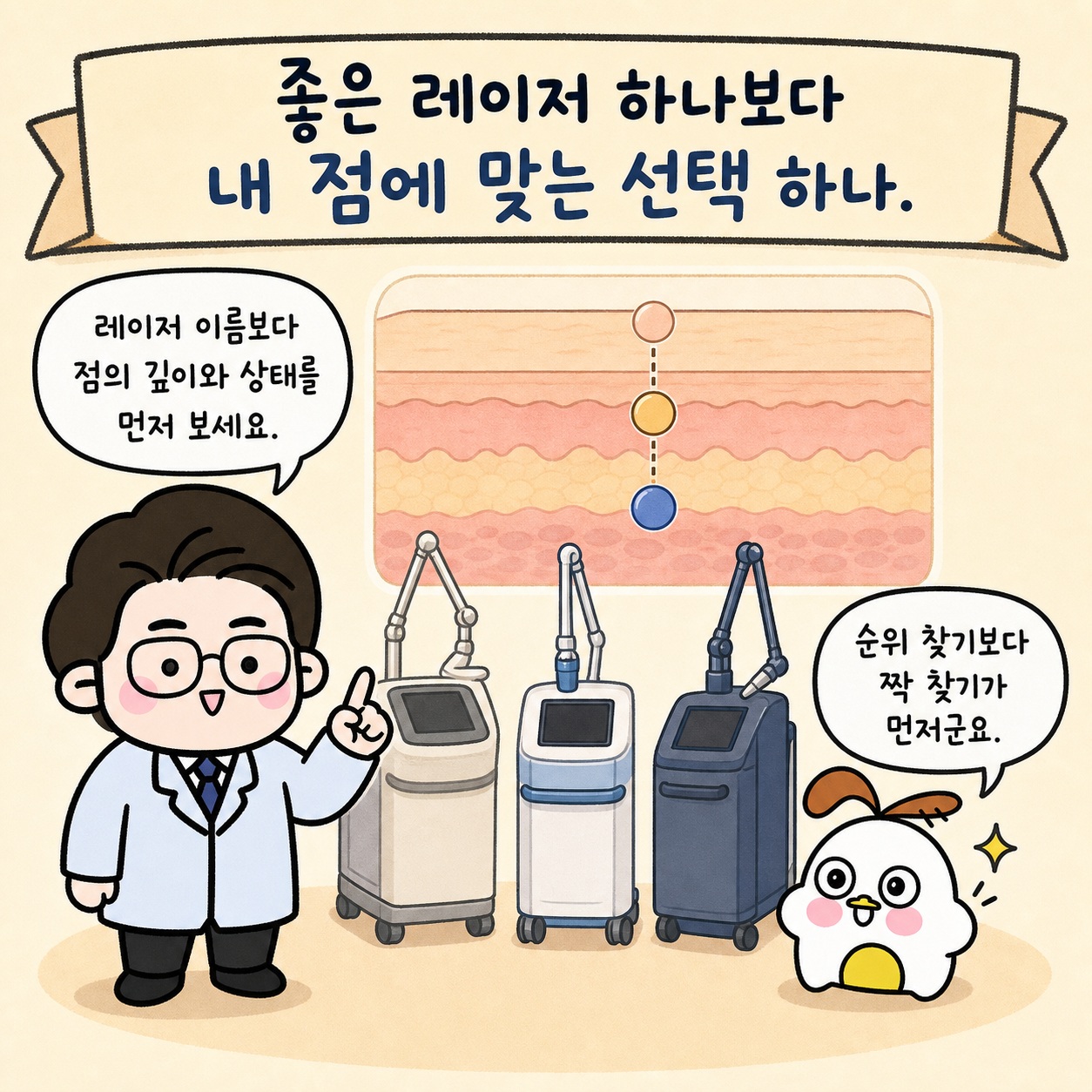 좋은 레이저 하나보다 내 점에 맞는 선택 하나. 레이저 이름보다 점의 깊이와 상태를 먼저 보세요. 순위 찾기보다 짝 찾기가 먼저군요.