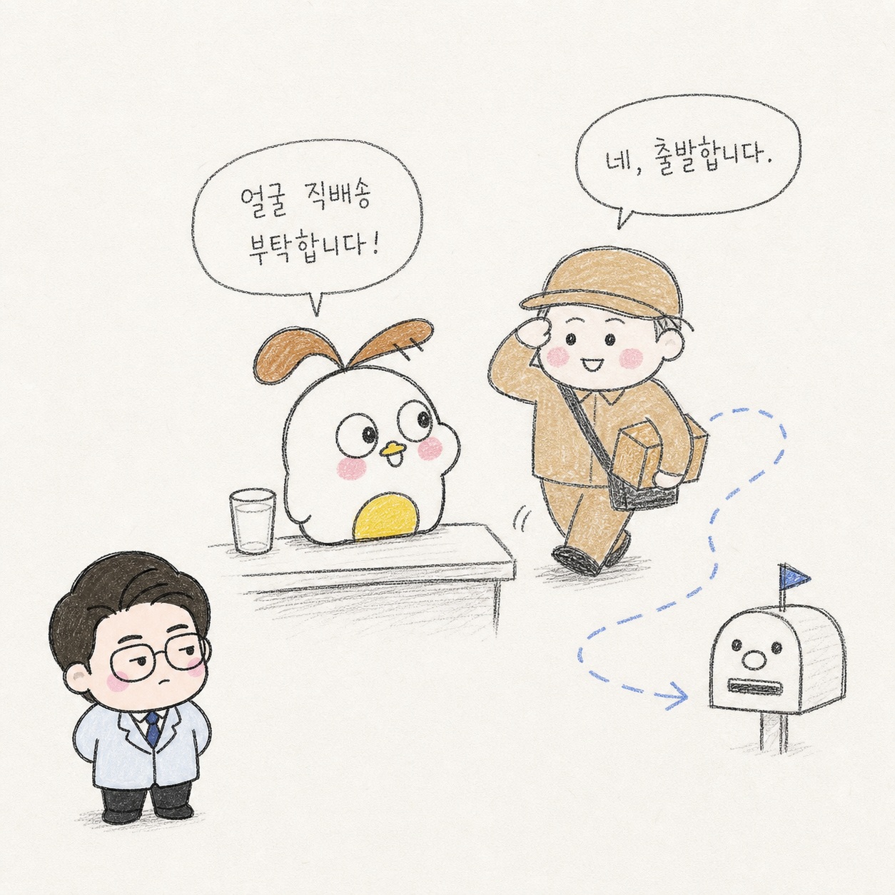 얼굴 직배송 부탁합니다! 네, 출발합니다.