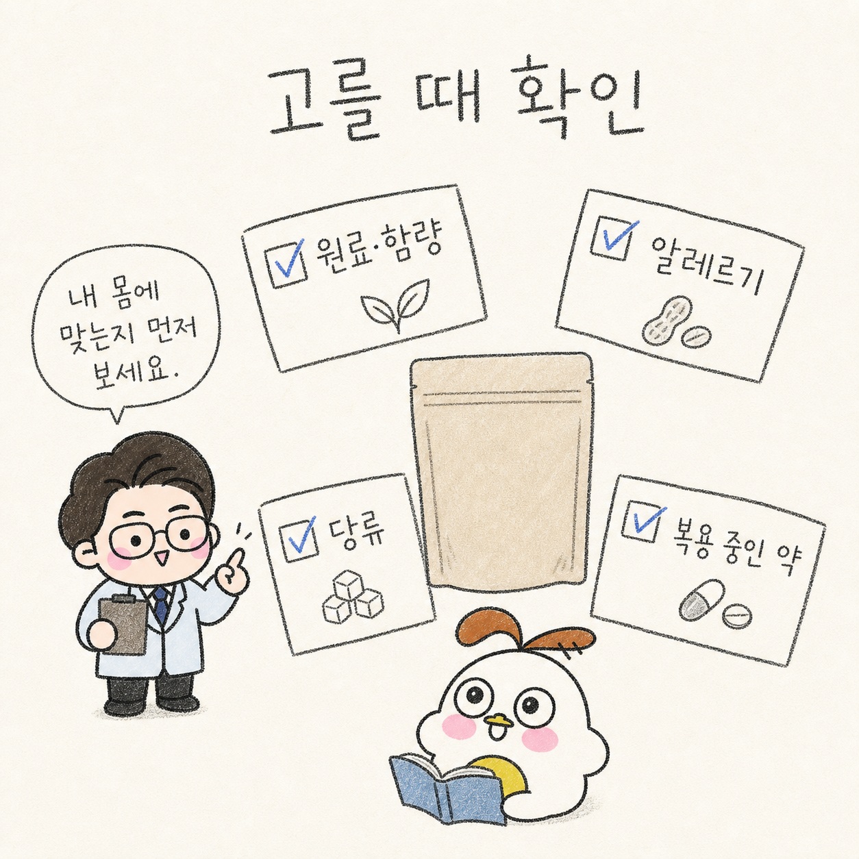 고를 때 확인. 내 몸에 맞는지 먼저 보세요. 원료·함량. 알레르기. 당류. 복용 중인 약.