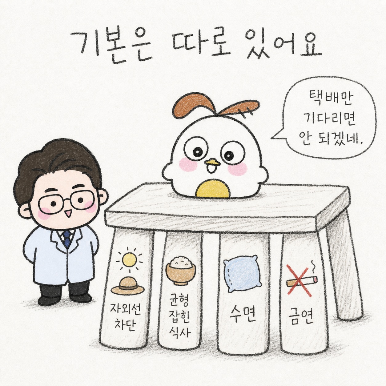 기본은 따로 있어요. 택배만 기다리면 안 되겠네. 자외선 차단. 균형 잡힌 식사. 수면. 금연.