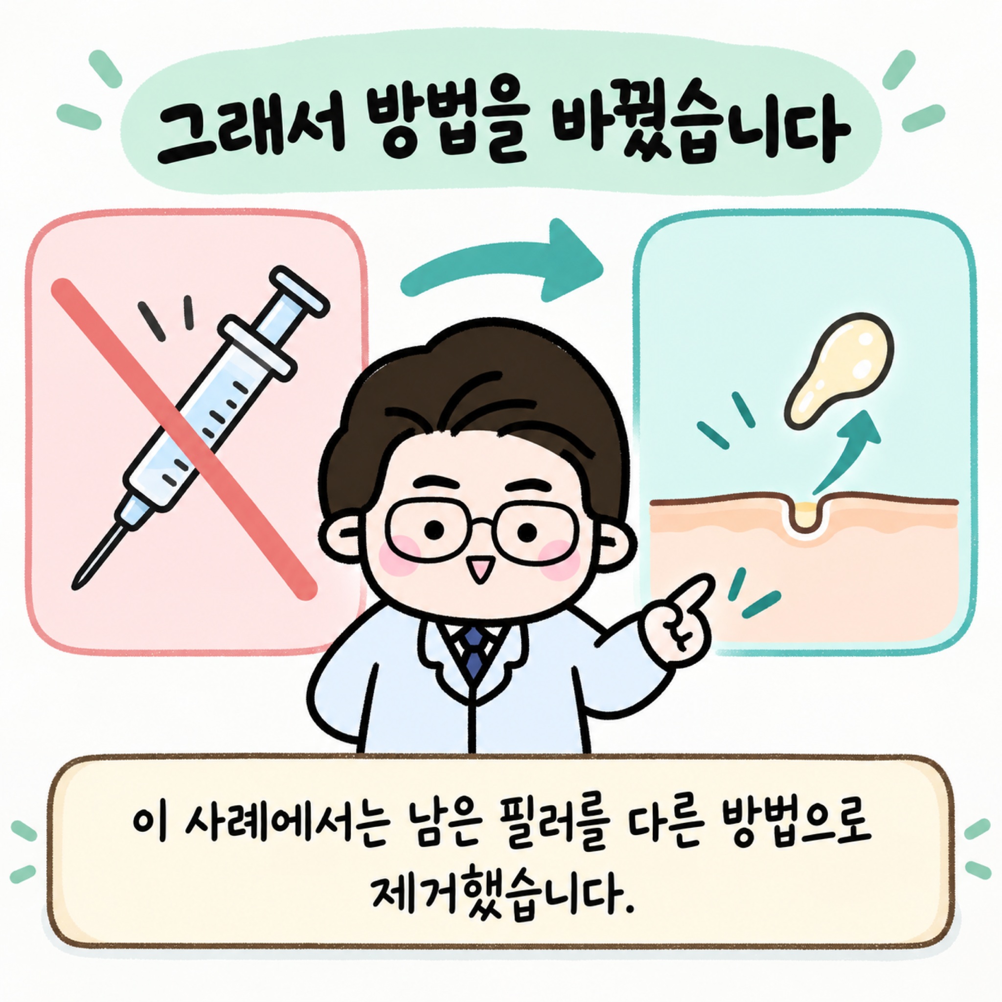 그래서 방법을 바꿨습니다. 이 사례에서는 남은 필러를 다른 방법으로 제거했습니다.