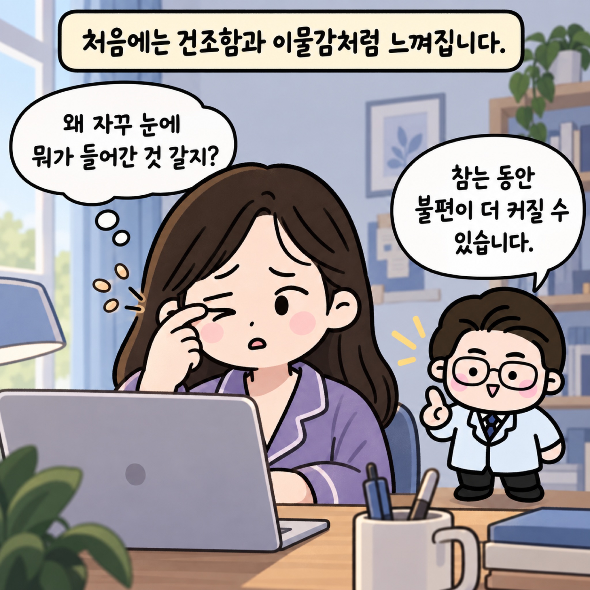 처음에는 건조함과 이물감처럼 느껴집니다. 왜 자꾸 눈에 뭐가 들어간 것 같지? 참는 동안 불편이 더 커질 수 있습니다.