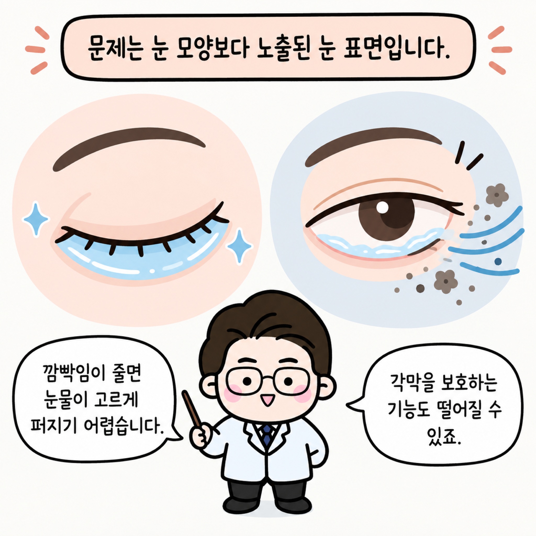 문제는 눈 모양보다 노출되는 표면입니다. 깜빡임이 줄면 눈물이 고르게 퍼지기 어렵습니다. 각막을 보호하는 기능도 떨어질 수 있죠.