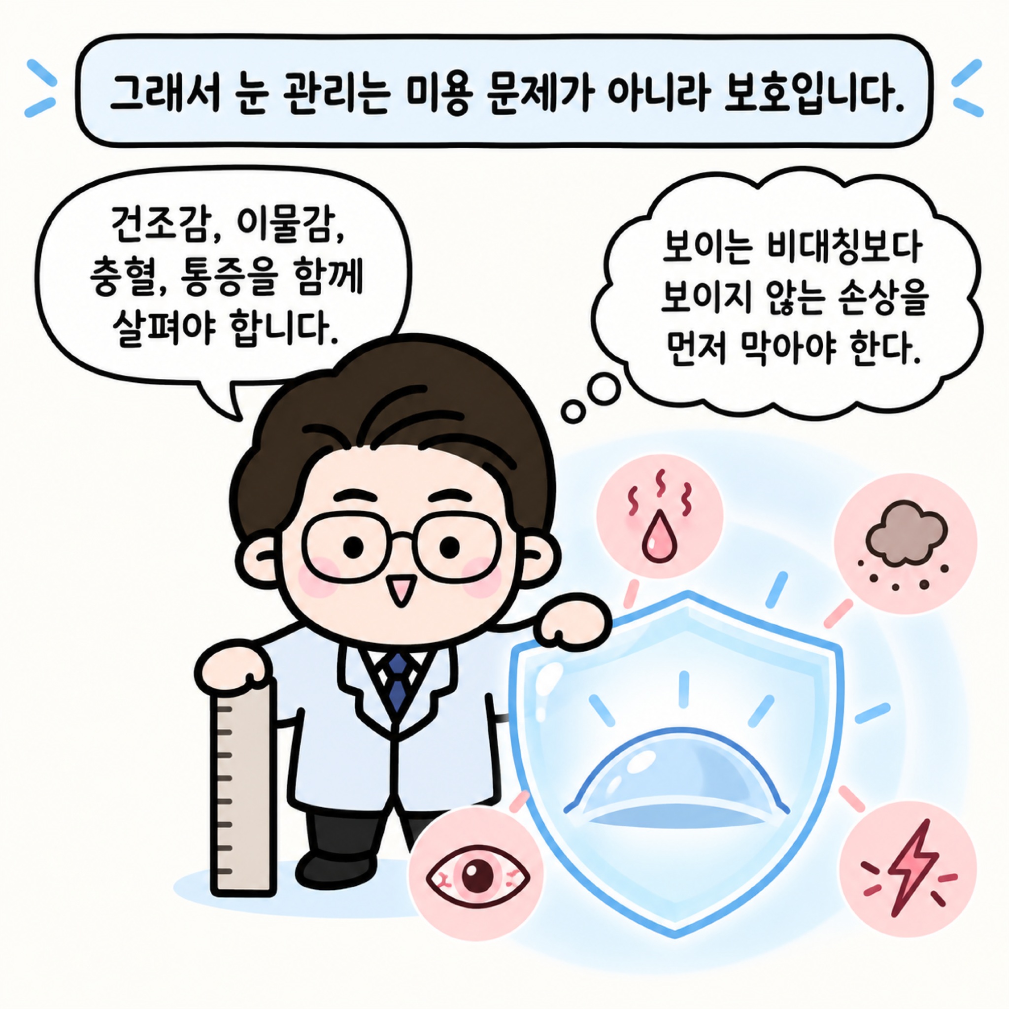 그래서 눈 관리는 미용 문제가 아니라 보호입니다. 건조감, 이물감, 충혈, 통증을 함께 살펴야 합니다. 보이는 비대칭보다 보이지 않는 손상을 먼저 막아야 한다.