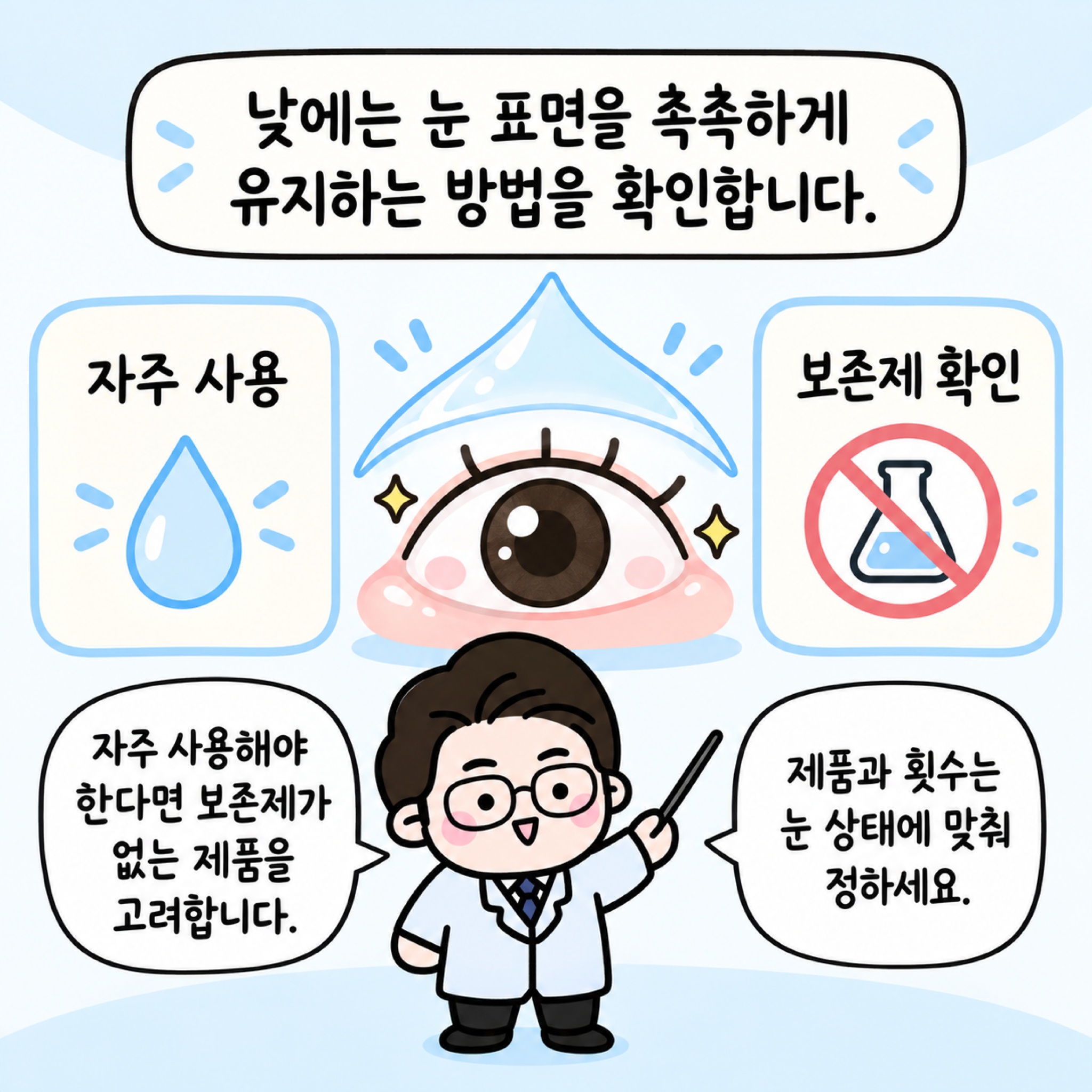 낮에는 눈 표면을 촉촉하게 유지하는 방법을 확인합니다. 자주 사용, 보존제 확인. 자주 사용해야 한다면 보존제가 없는 제품을 고려합니다. 제품과 횟수는 눈 상태에 맞춰 정하세요.