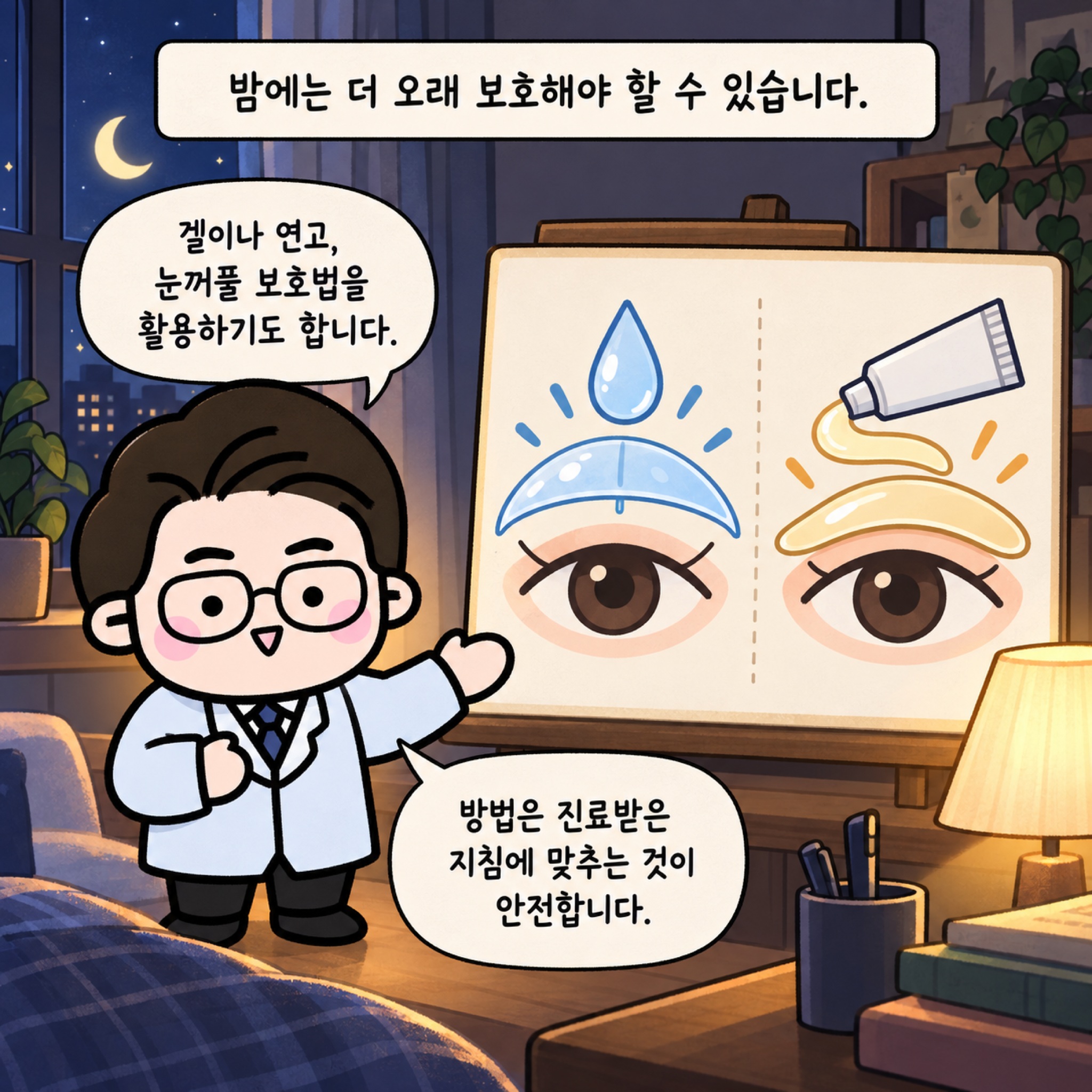 밤에는 더 오래 보호해야 할 수 있습니다. 겔이나 연고, 눈꺼풀 보호법을 활용하기도 합니다. 방법은 진료받은 지침에 맞추는 것이 안전합니다.