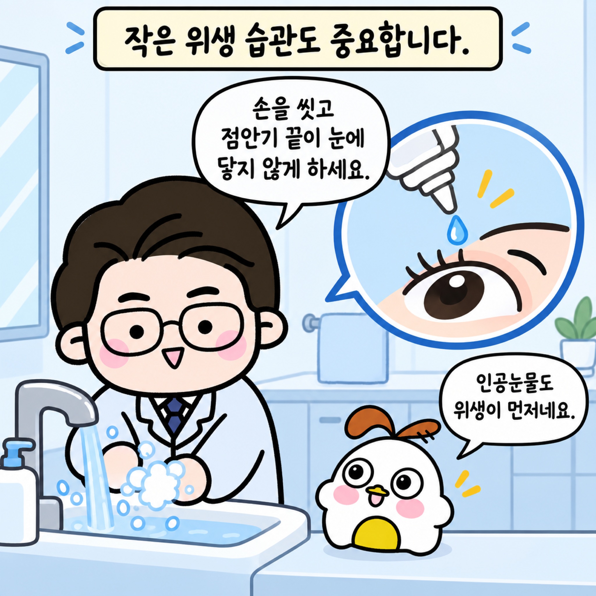작은 위생 습관도 중요합니다. 손을 씻고 점안기 끝이 눈에 닿지 않게 하세요. 인공눈물도 위생이 먼저네요.