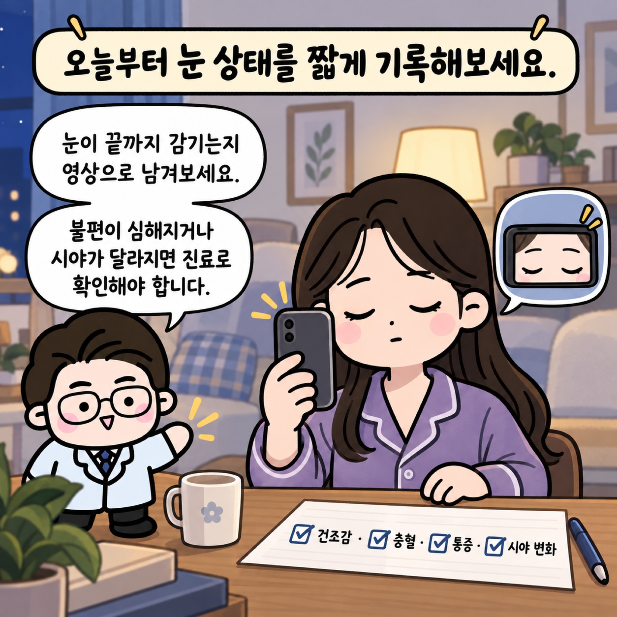 오늘부터 눈 상태를 짧게 기록해보세요. 눈이 끝까지 감기는지 영상으로 남겨보세요. 불편이 심해지거나 시야가 달라지면 진료로 확인해야 합니다. 건조감, 충혈, 통증, 시야 변화.