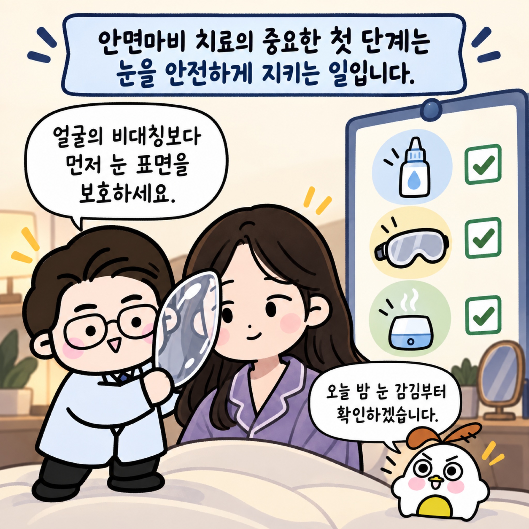 안면마비 치료의 중요한 첫 단계는 눈을 안전하게 지키는 일입니다. 얼굴의 비대칭보다 먼저 눈 표면을 보호하세요. 오늘 밤 눈 감김부터 확인하겠습니다.