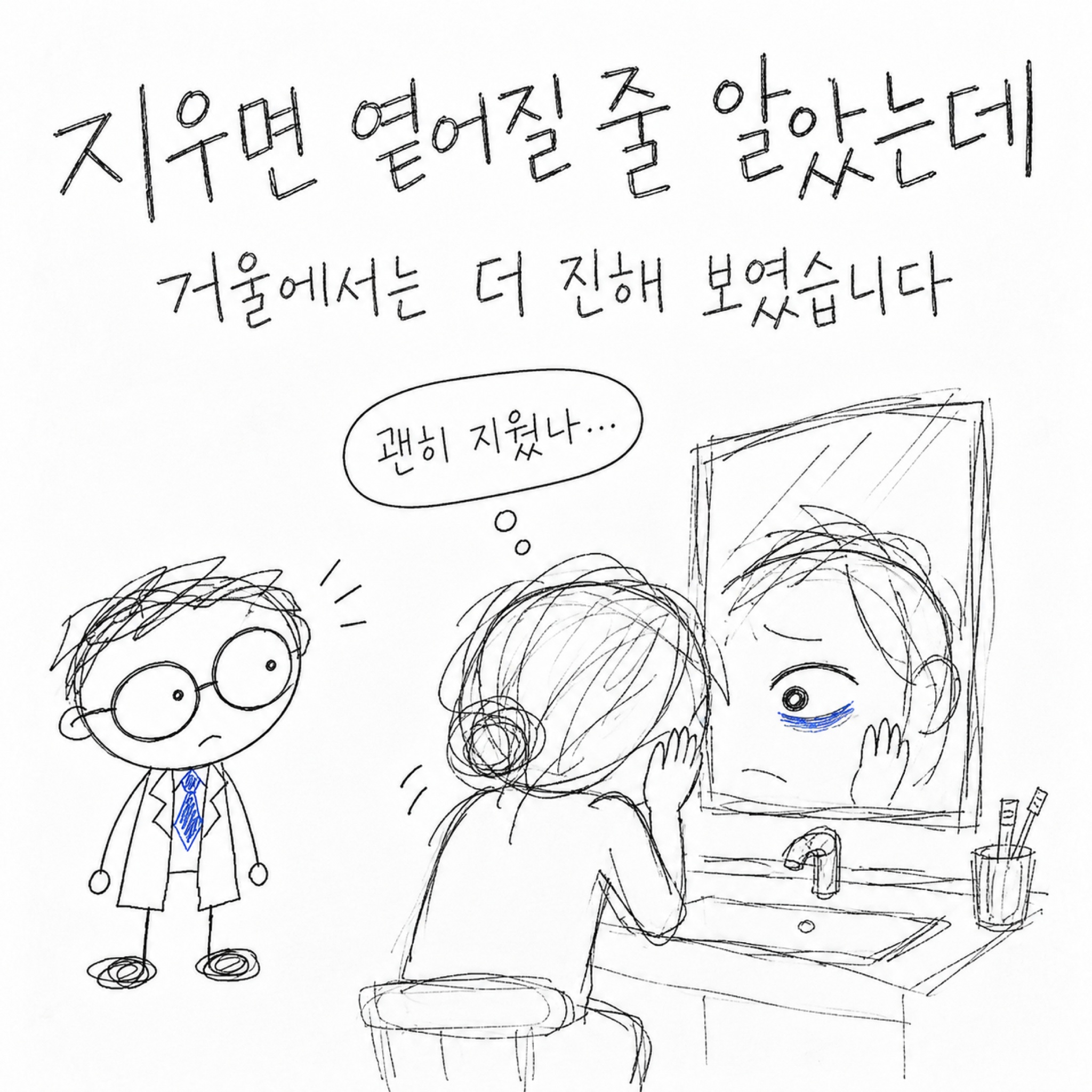 지우면 옅어질 줄 알았는데 거울에서는 더 진해 보였습니다. 괜히 지웠나...