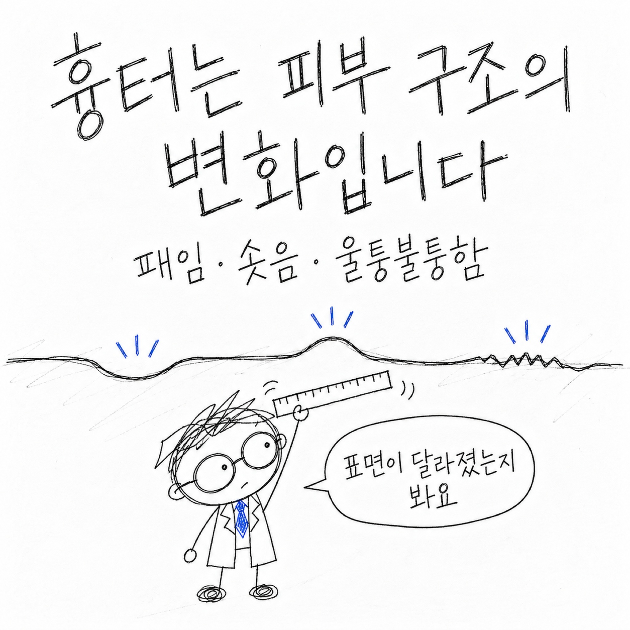 흉터는 피부 구조의 변화입니다. 패임·솟음·울퉁불퉁함. 표면이 달라졌는지 봐요.