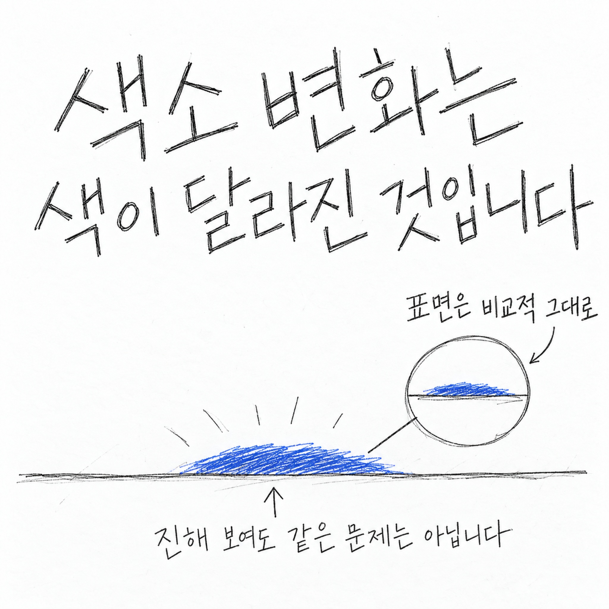 색소 변화는 색이 달라진 것입니다. 표면은 비교적 그대로. 진해 보여도 같은 문제는 아닙니다.