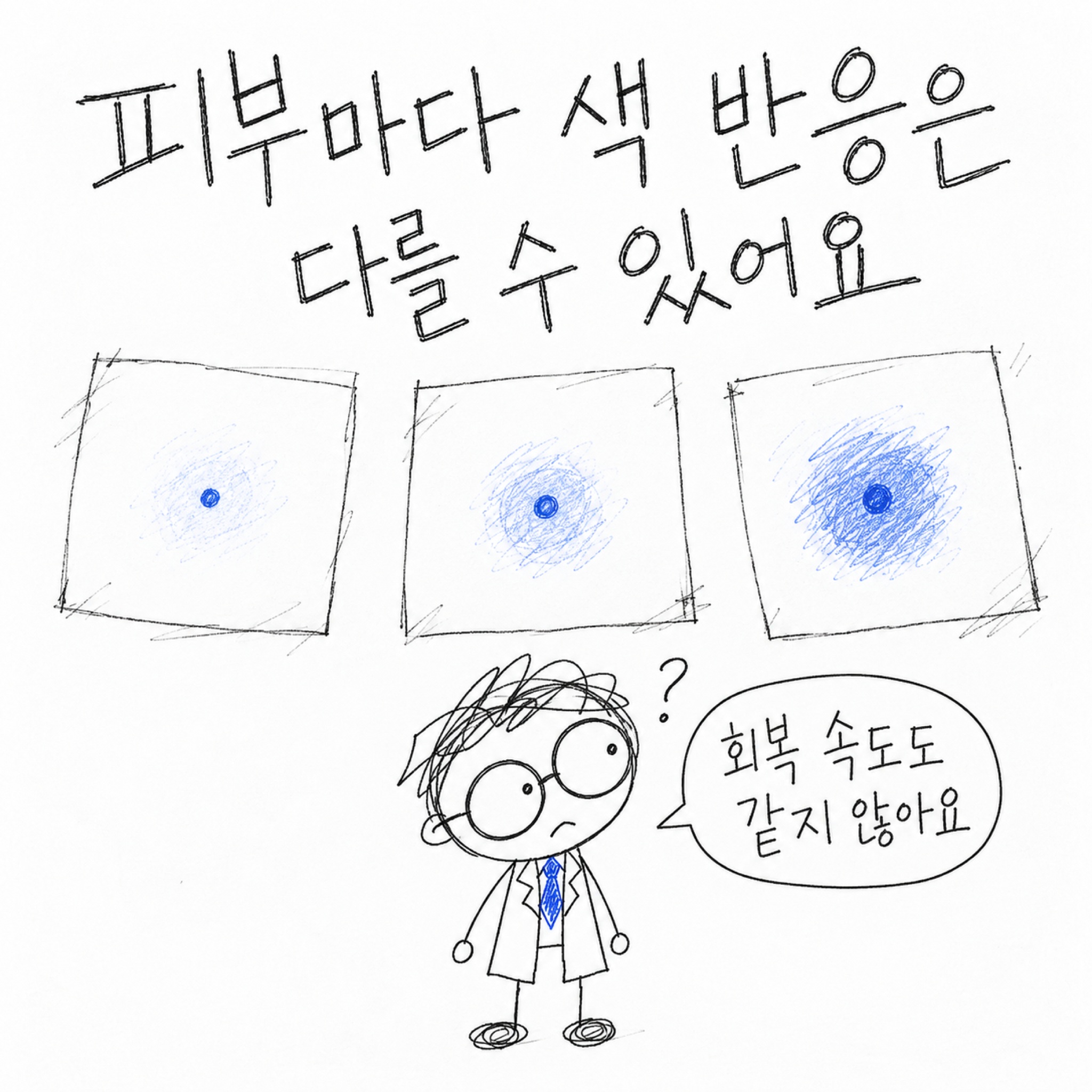 피부마다 색 반응은 다를 수 있어요. 회복 속도도 같지 않아요.