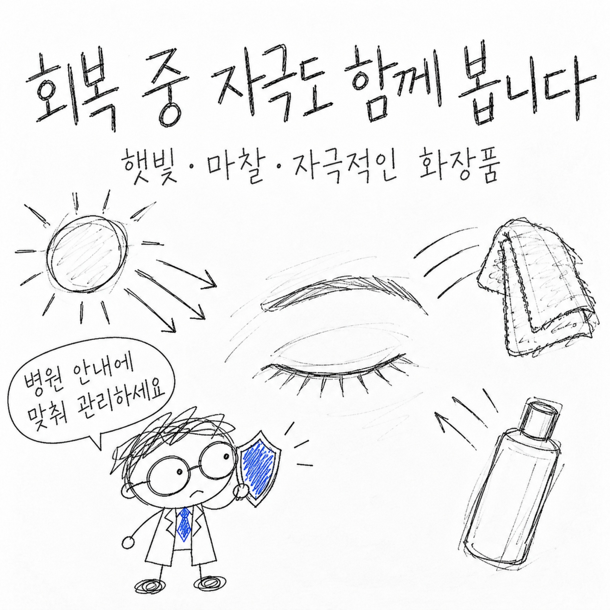 회복 중 자극도 함께 봅니다. 햇빛·마찰·자극적인 화장품. 병원 안내에 맞춰 관리하세요.
