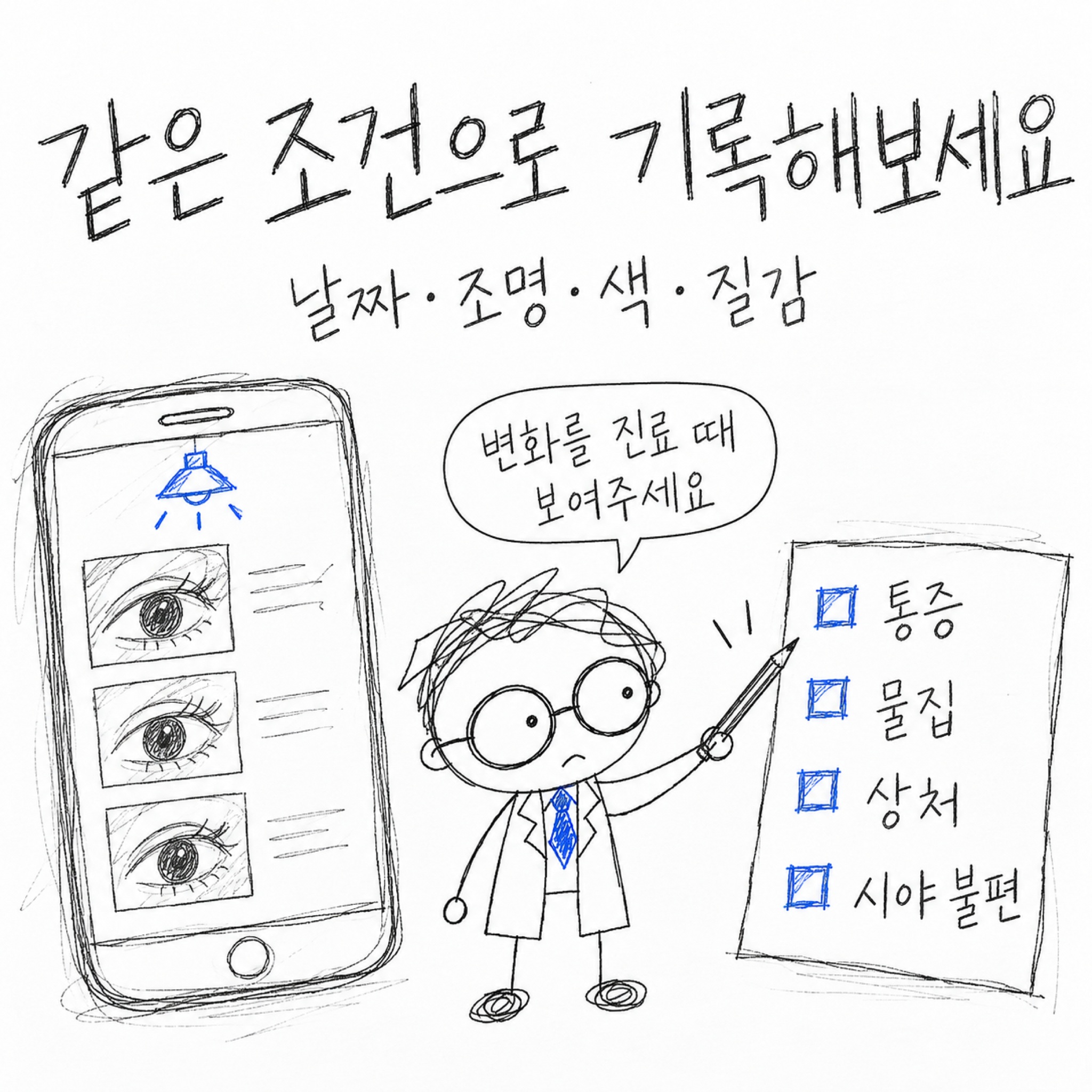 같은 조건으로 기록해보세요. 날짜·조명·색·질감. 변화를 진료 때 보여주세요. 통증, 물집, 상처, 시야 불편.